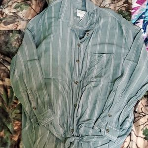 Green Button Down High-low Tie Top